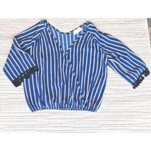 LAVENDER FIELD BLUE WHITE STRIPED TASSEL TRIM V-NECK SURPLICE BLOUSE TOP SIZE M